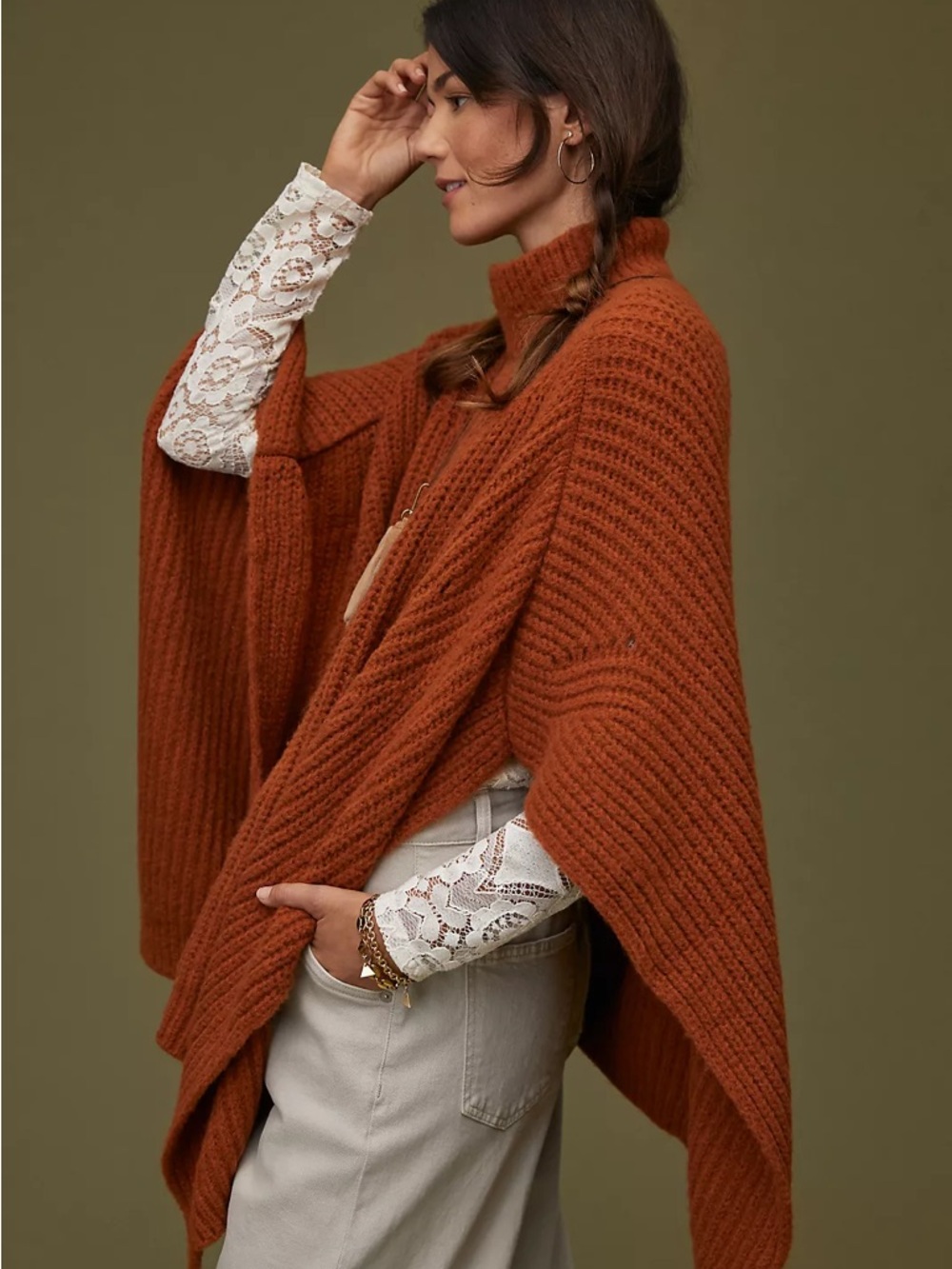 By Anthropologie Burnt Orange Poncho Sweater - Picture 3 of 7